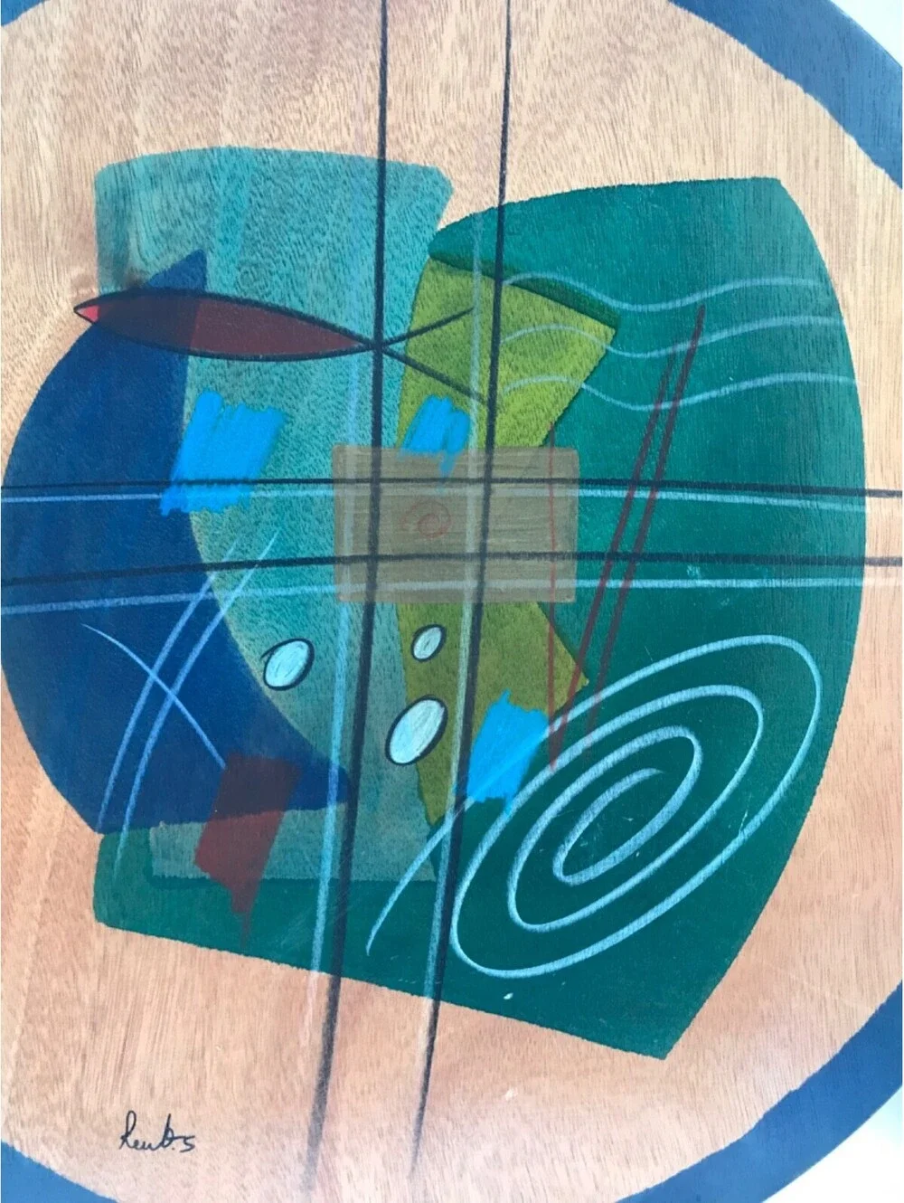 Kakadu Art Lazy Susan Tray Handpainted Signed by Reut Shahar Approx. 17.75” Worn